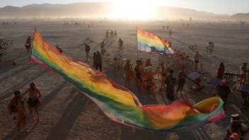 The sun sets on the playa as approximately 70,000 people from all over the world gathered for the annual Burning Man arts and music festival in the Black Rock Desert of Nevada, U.S. August 28, 2017.