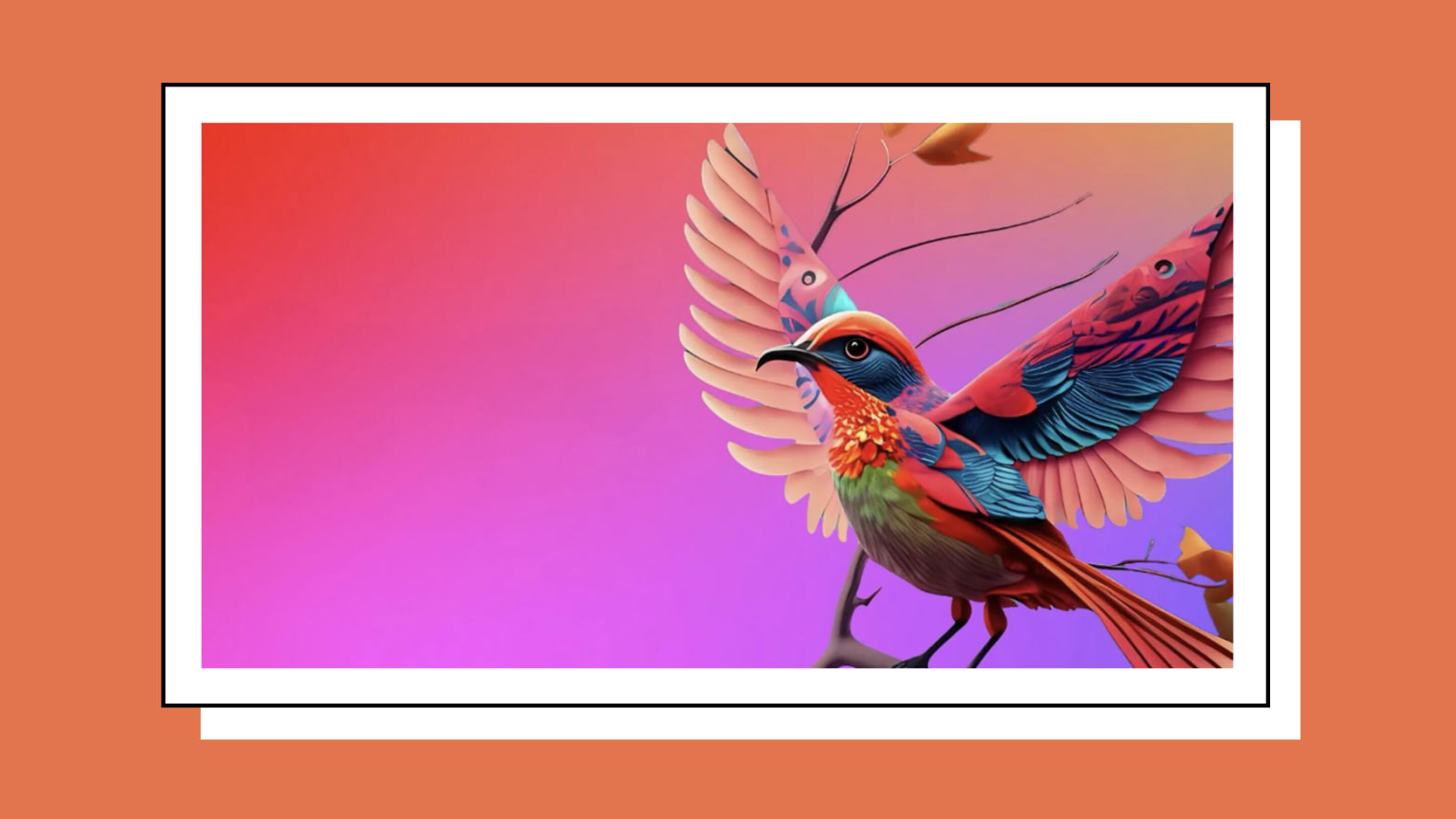 Vibrant, multicolored bird with intricate wings soaring against a pink and purple gradient background.