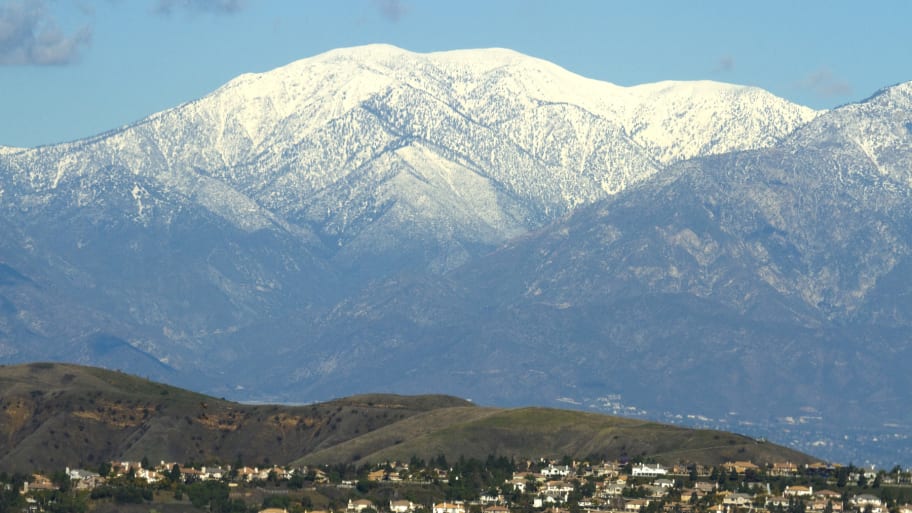 Mount Baldy is covered in snow in the Angeles National Forest north of Los Angeles.