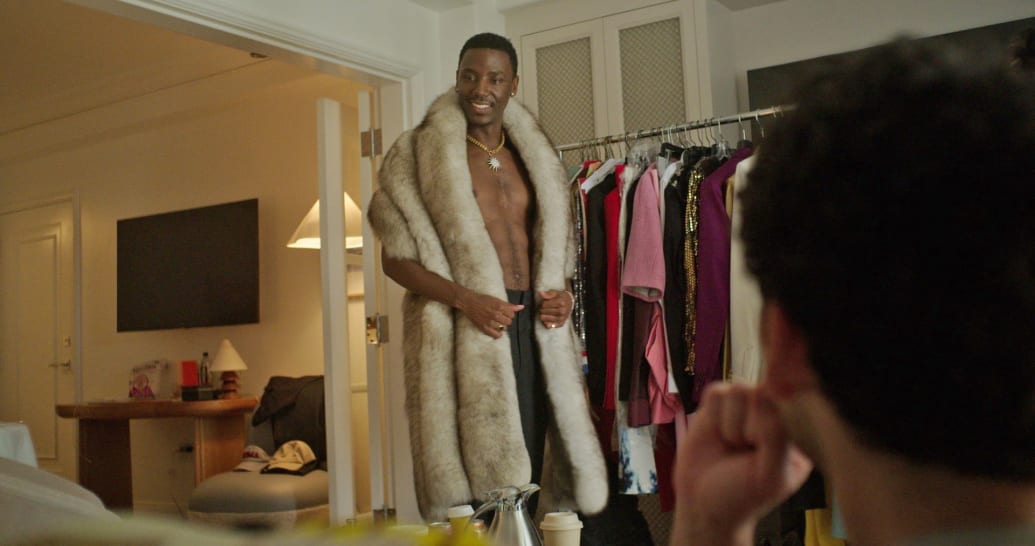 Jerrod Carmichael wears a fur in a still from ‘Jerrod Carmichael Reality Show’