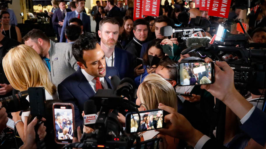 Vivek Ramaswamy talks with reporters in the spin room following the second GOP debate.