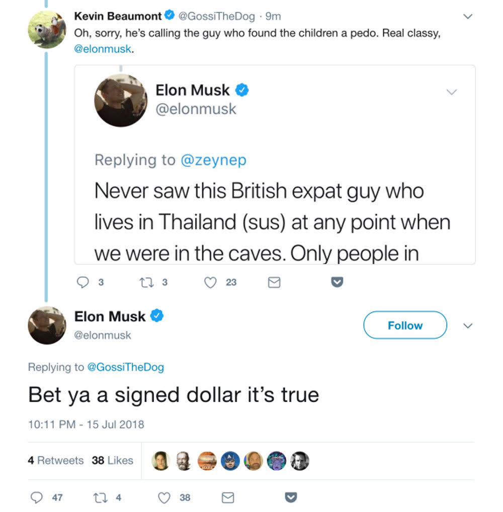 Screenshot of an interaction on Twitter/X between Elon Musk and Kevin Beaumont.