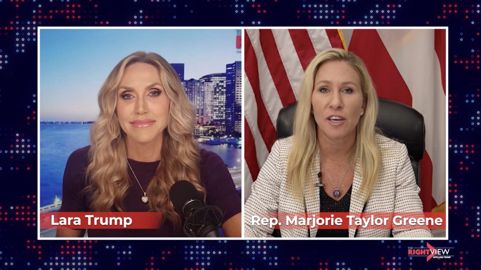 Marjorie Taylor Greene appears in an interview with Lara Trump.