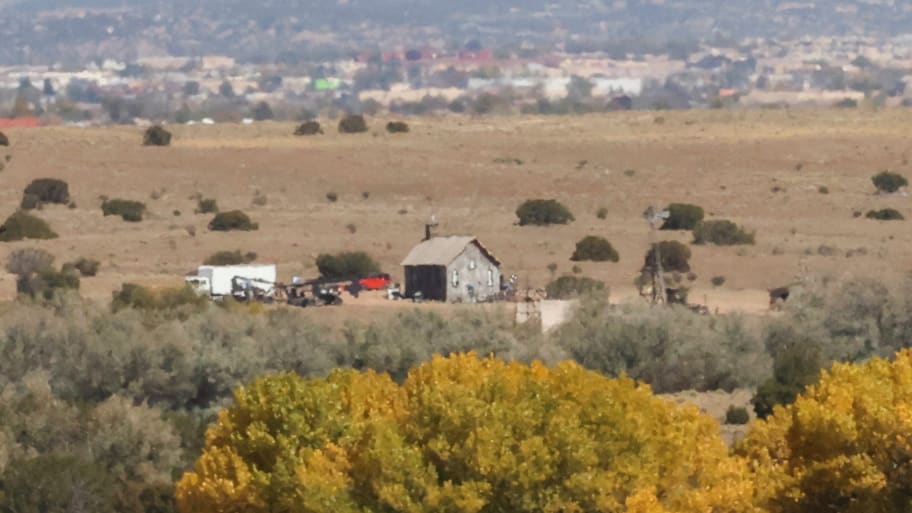 The film set of “Rust,” where Hollywood actor Alec Baldwin fatally shot a cinematographer and wounded a director when he discharged a prop gun, is seen from a distance, in Santa Fe, New Mexico, Oct. 23, 2021.