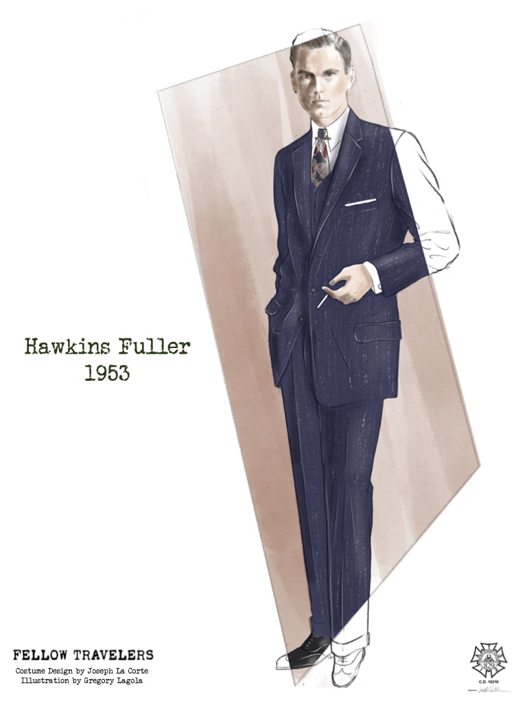 Illustration of costume design for Hawkins Fuller played by Matt Bomer in Fellow Travelers.
