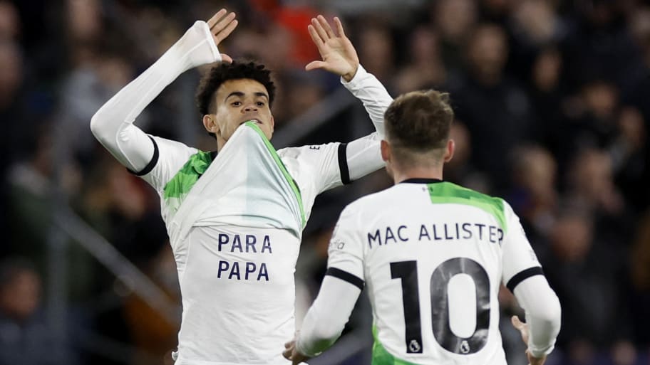 Liverpool's Luis Diaz celebrates scoring their first goal with Alexis Mac Allister