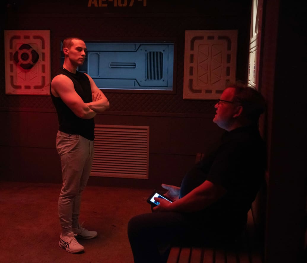 Film still of Adam Rippon and Andy Richter in Stars on Mars.