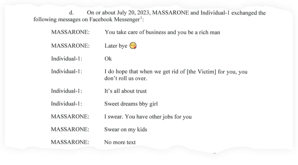 A snippet of a chat between Massarone and the Guyanese police officer, in which she tells him he'll be a "rich man" if he follows her directions.