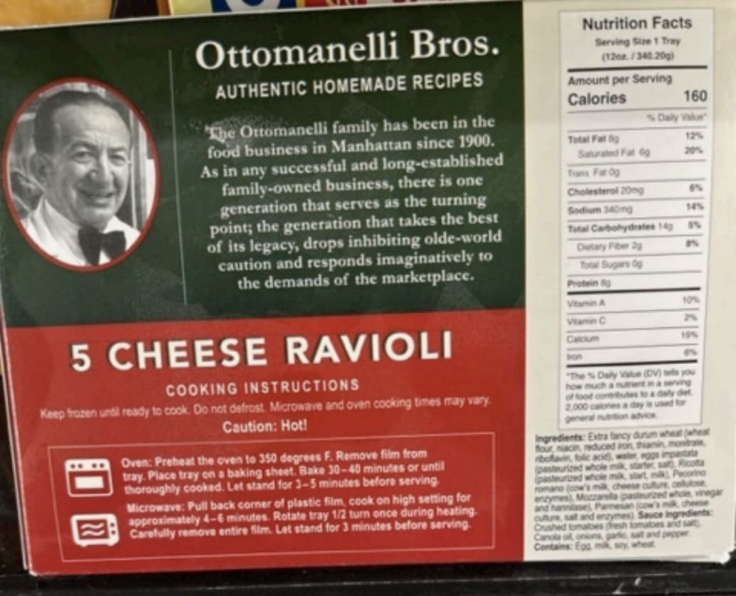 Photo of the back of a ravioli box, showing the ingredients list.