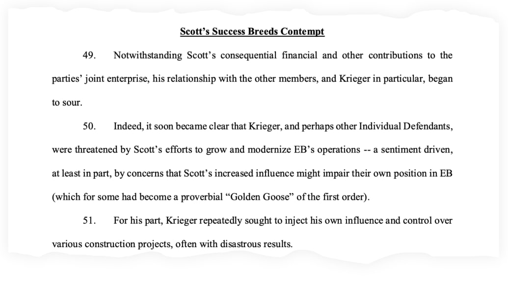 A snippet of Scott Burman’s lawsuit, with the heading, “Scott’s Success Breeds Contempt.”
