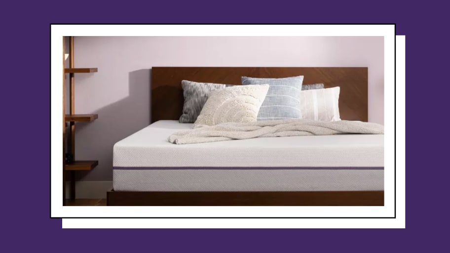 Purple Cooling Mattress with GelFlex Grid on a Bed Frame, Featuring Comfortable and Stylish Pillows