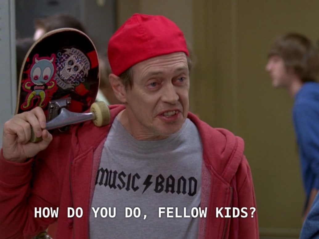 Photo of Steve Buscemi dressed as a teenager in an episode of 30 Rock