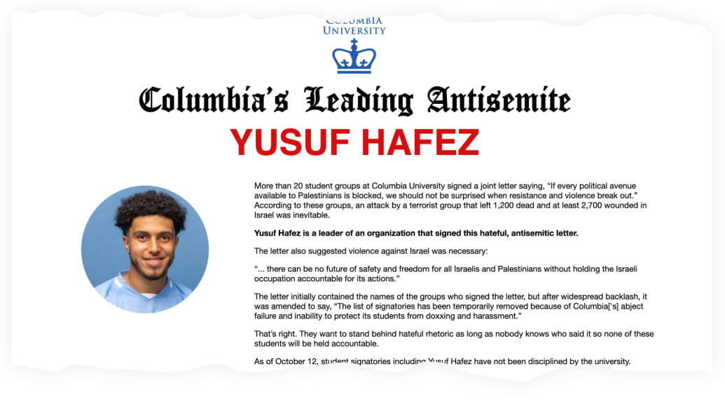 A screenshot of the AIM website focused on Yusuf Hafez, which calls him “Columbia’s Leading Antisemite.”