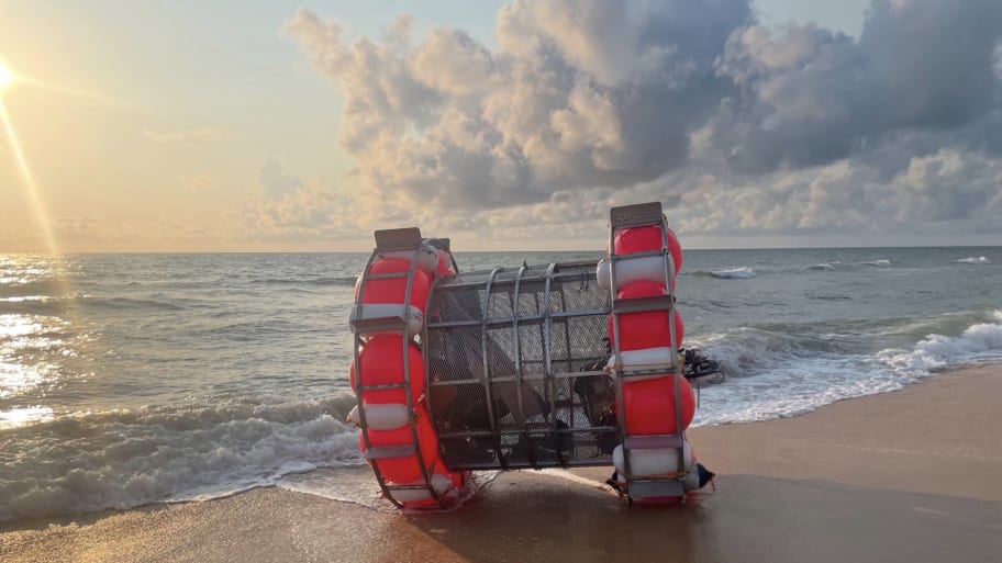A photo of a “hamster wheel-like” contraption that Reza Baluchi allegedly tried to sail from Florida to London.