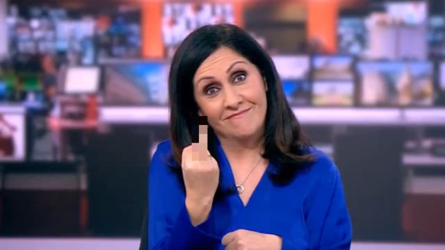 Anchor holds up middle finger in pixelated image