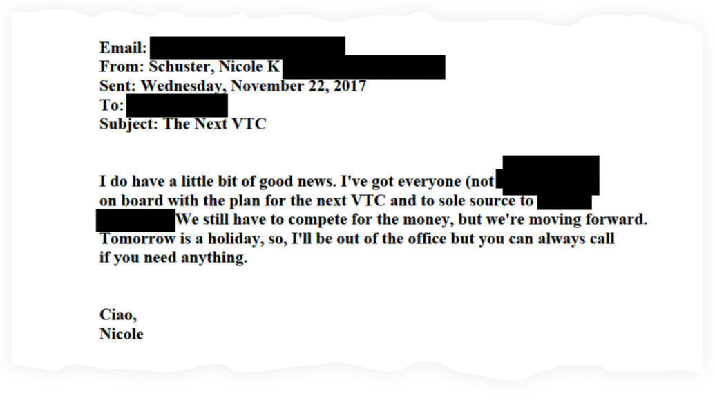 A snippet of a search warrant affidavit filed by investigators, showing an email from Schuster signed, “Ciao, Nicole.”