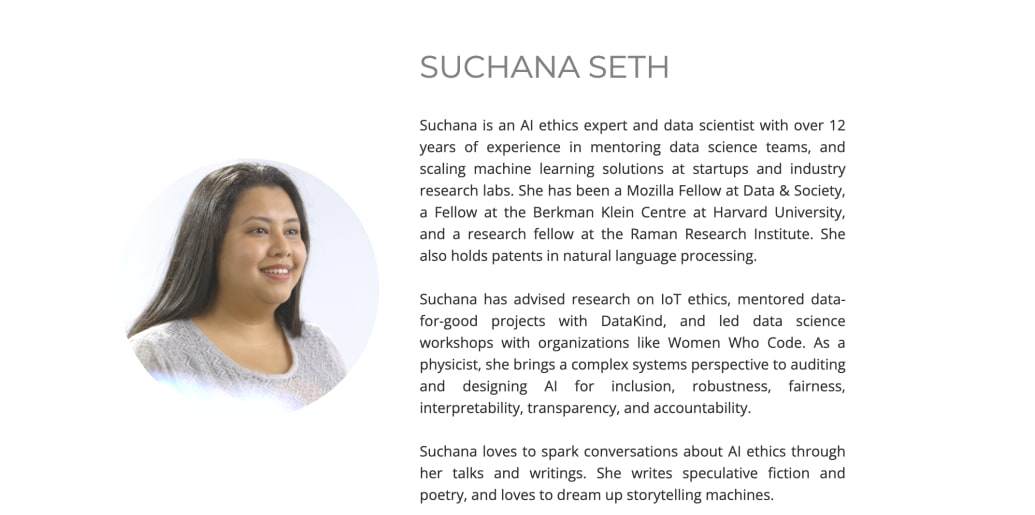 Headshot of Suchana Seth next to a biography of her on the website for her AI company.