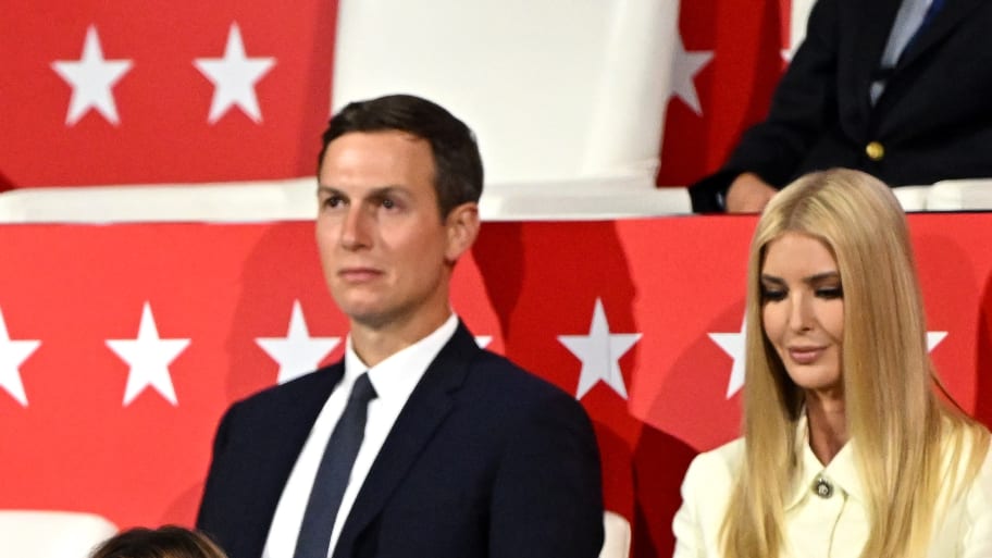 Former first lady Melania Trump sits with Usha Chilukuri Vance, J.D. Vance, Kimberly Guilfoyle, Jared Kushner, and Ivanka Trump