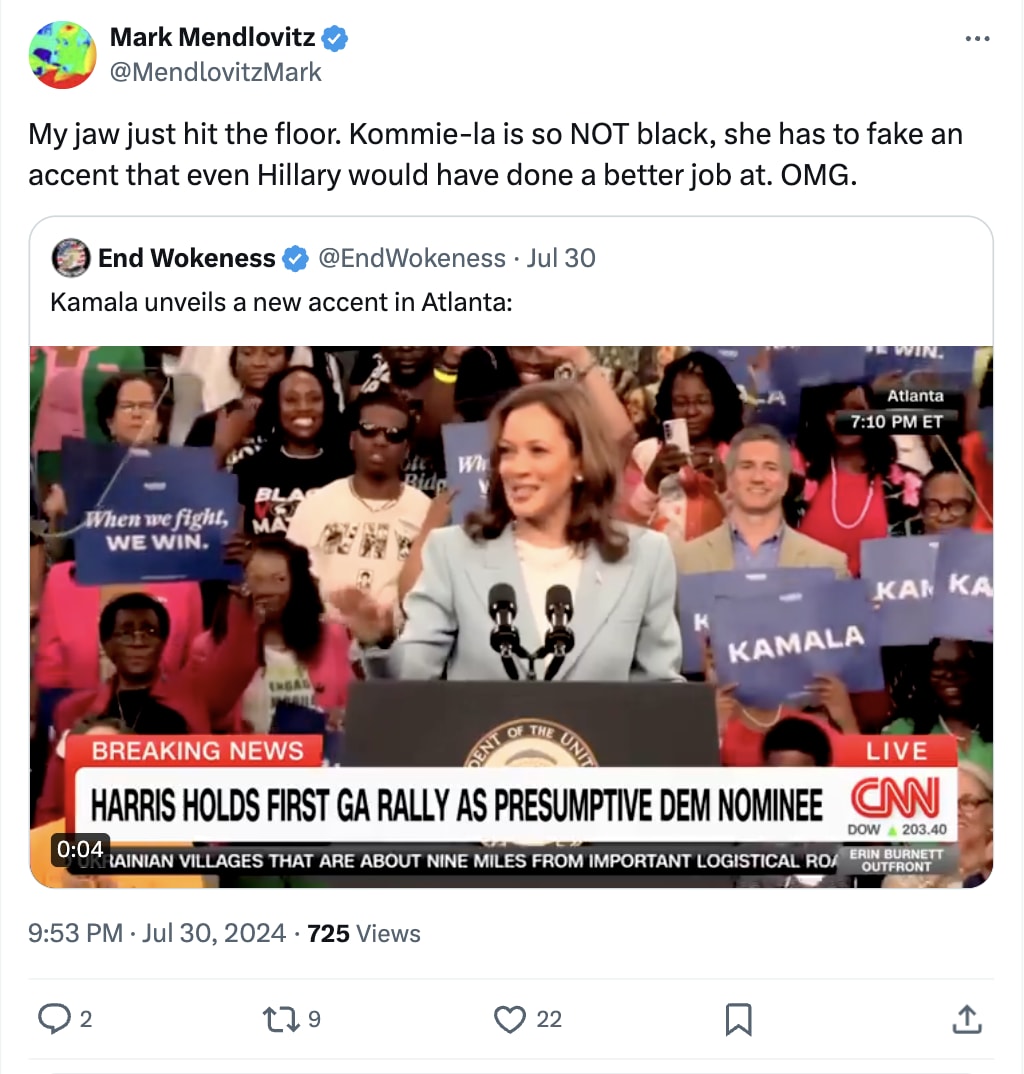 A tweet shared by the pro-Trump activist and self-identified journalist Mark Mendlovitz on X, the social media platform formerly known as Twitter, misidentifying Kamala Harris’ race.