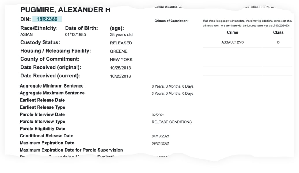 A computer printout showing Alexander Pugmire’s date of release from prison, along with his conviction for second-degree assault.