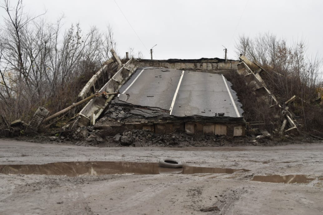 A bridge destroyed by Russian soldiers in Ukraine.