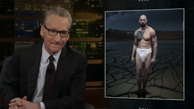 Bill Maher sits next to an image of influencer Andrew Tate dressed in kickboxing attire