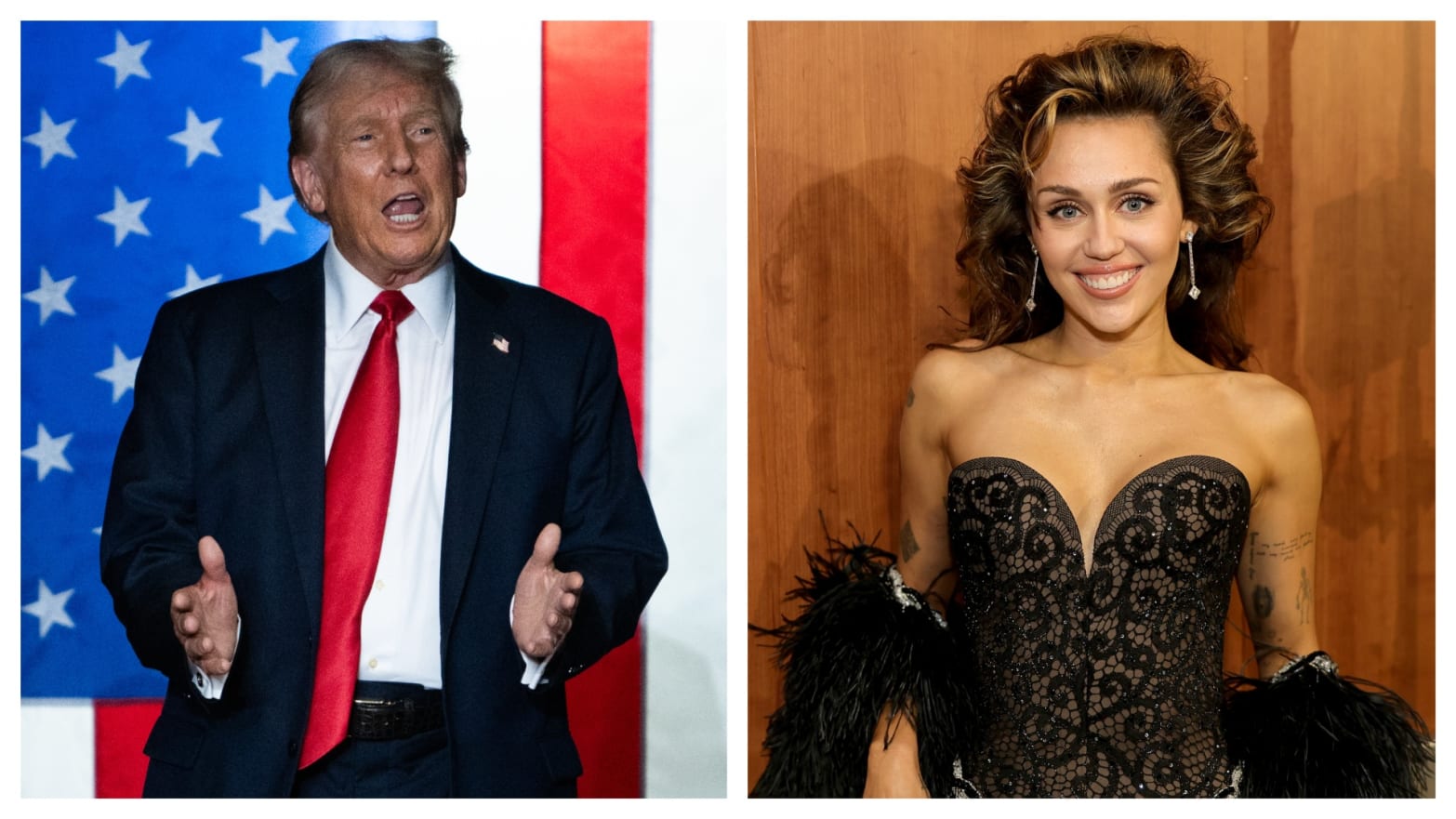 Donald Trump speaking at a rally in Minnesota (left). Miley Cyrus at the Grammys in 2024 (right). 