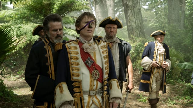 A still from Season 2 final showing Con O’Neill, Erroll Shand, Matthew Maher and Rhys Darby in Our Flag Means Death.