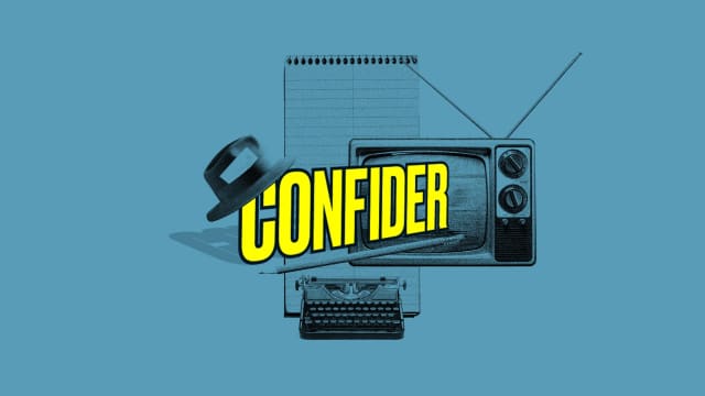 Photo illustration of the Confider logo on top of a journalist notebook, typewriter, hate and old TV.