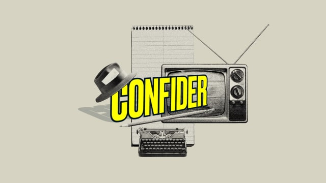 Photo illustration of the Confider logo on top of a journalist notebook, typewriter, hat, and old TV