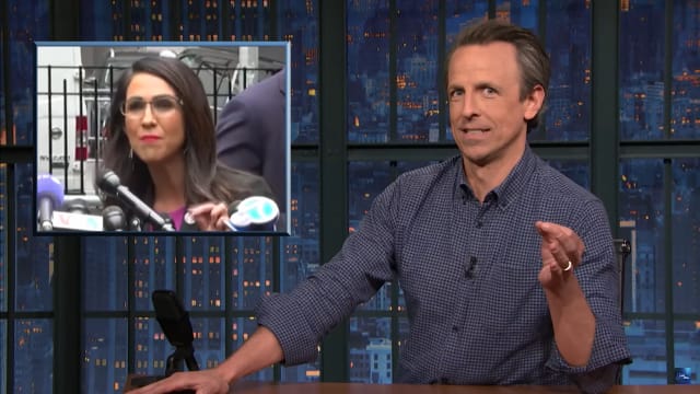 Seth Meyers mocks a particularly cringe-inducing speech made by Lauren Boebert outside Donald Trump’s trial Thursday