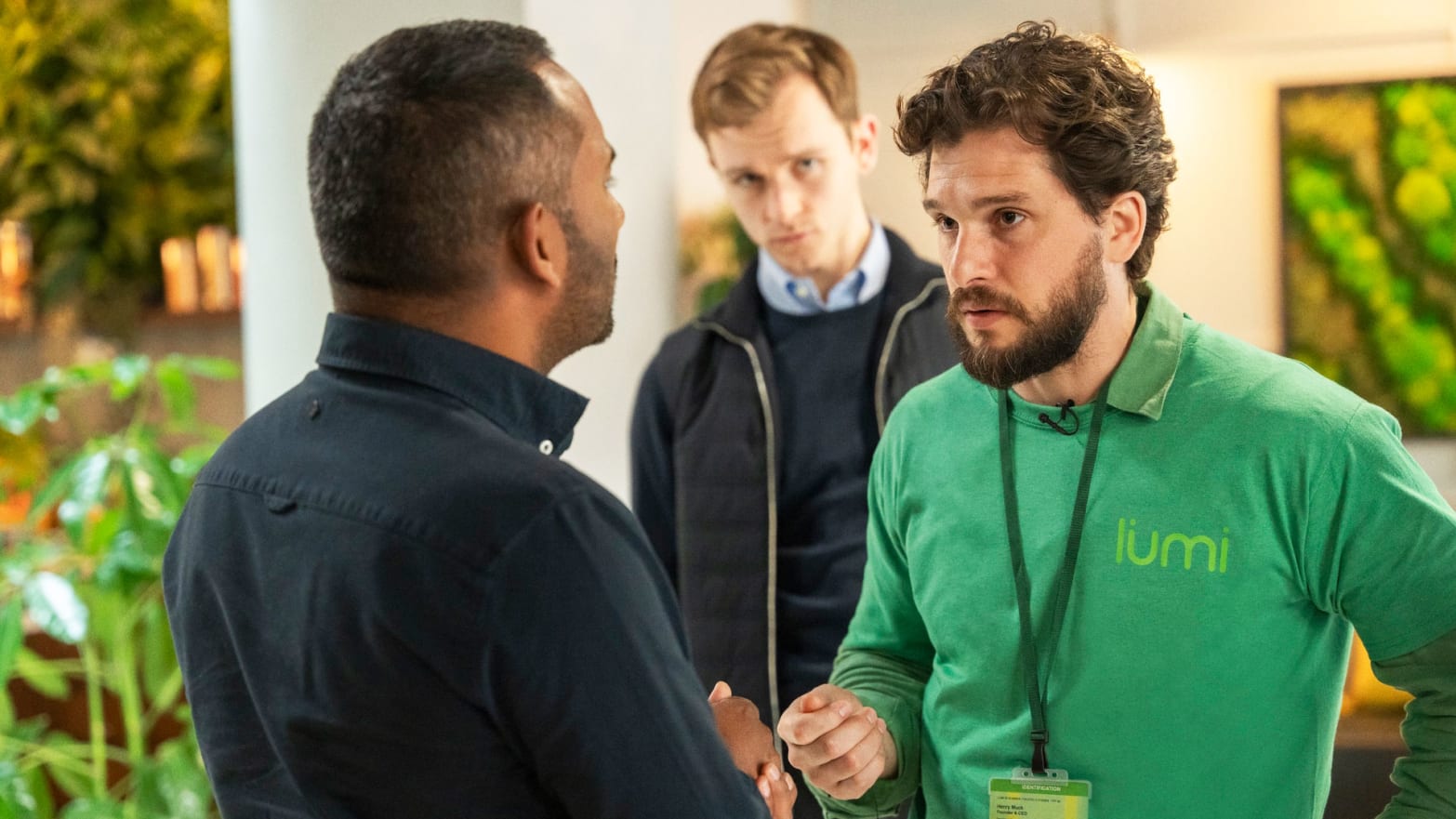 Amol Rajan, Kit Harington and Harry Lawtey in the premiere of Season 3 of Industry.