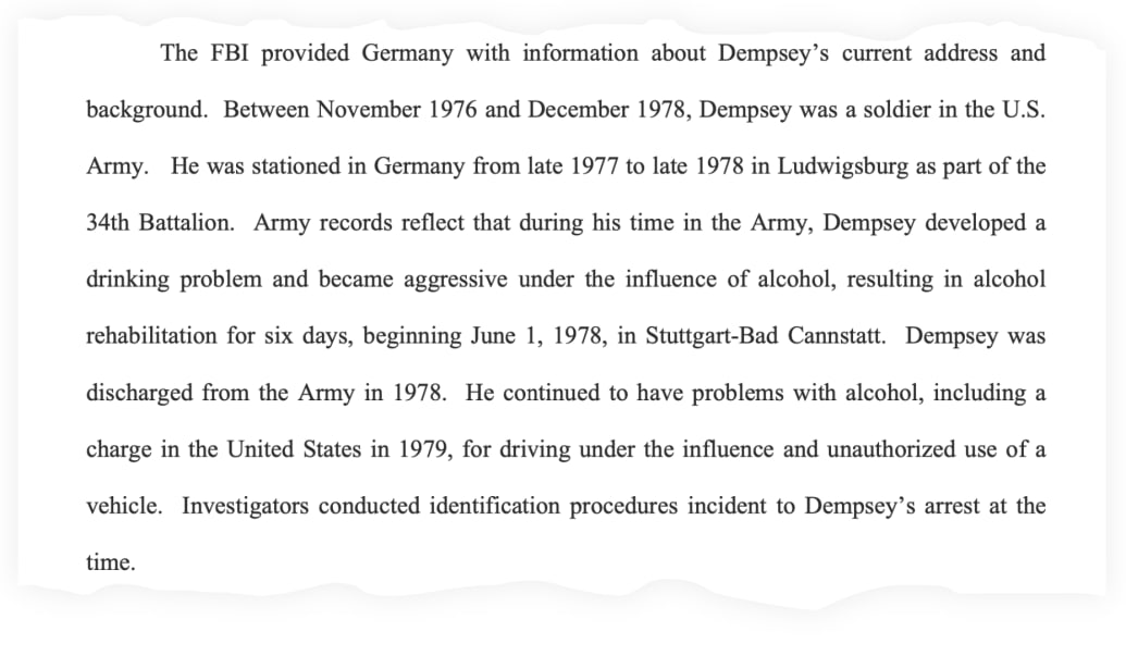 A snippet from the extradition complaint against James Patrick Dempsey.
