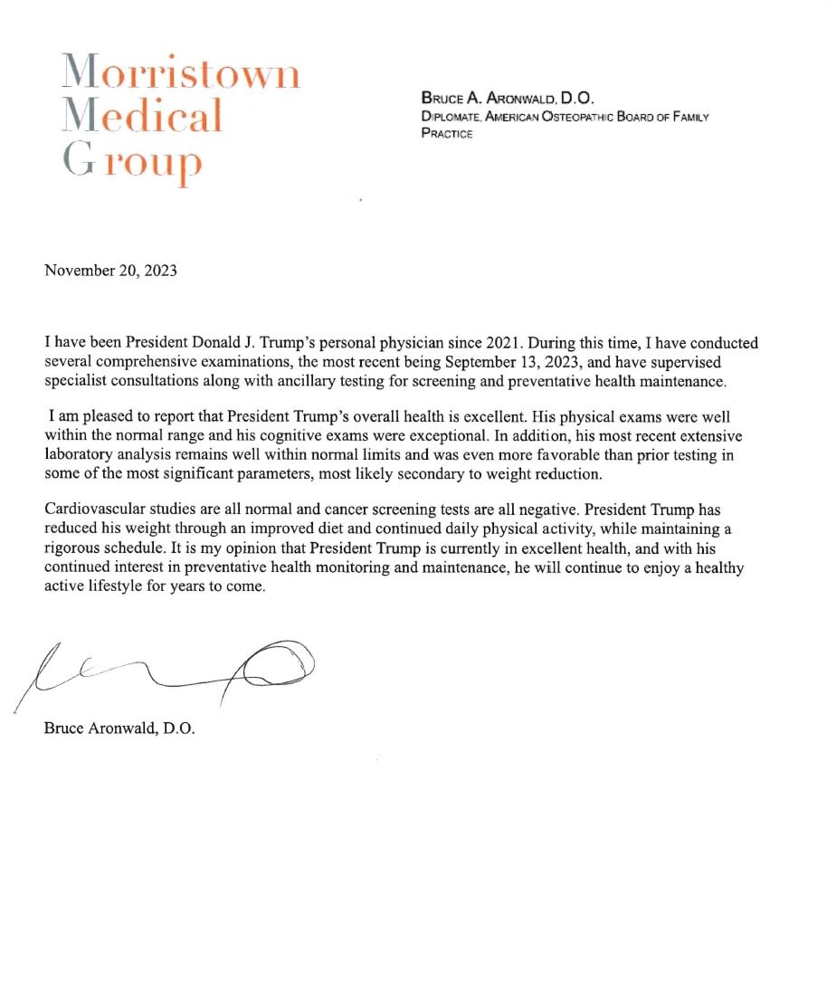 Letter detailing Donald Trump's state of health, according to this personal doctor.