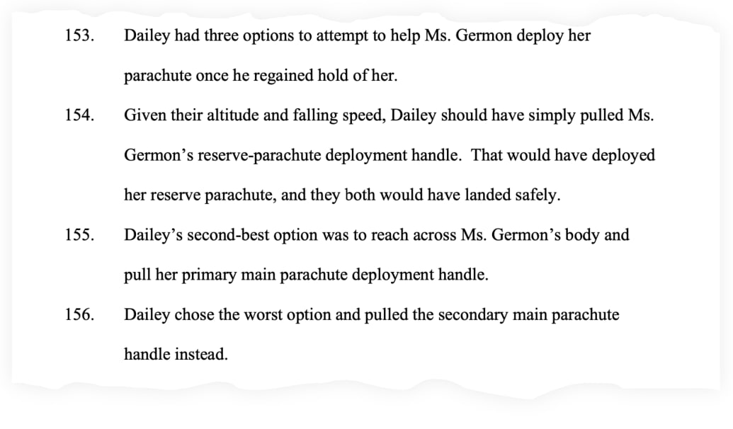 A snippet of the lawsuit filed by Rachel Germon’s mother, which alleges crucial and ultimately fatal missteps by the skydiving instructor.