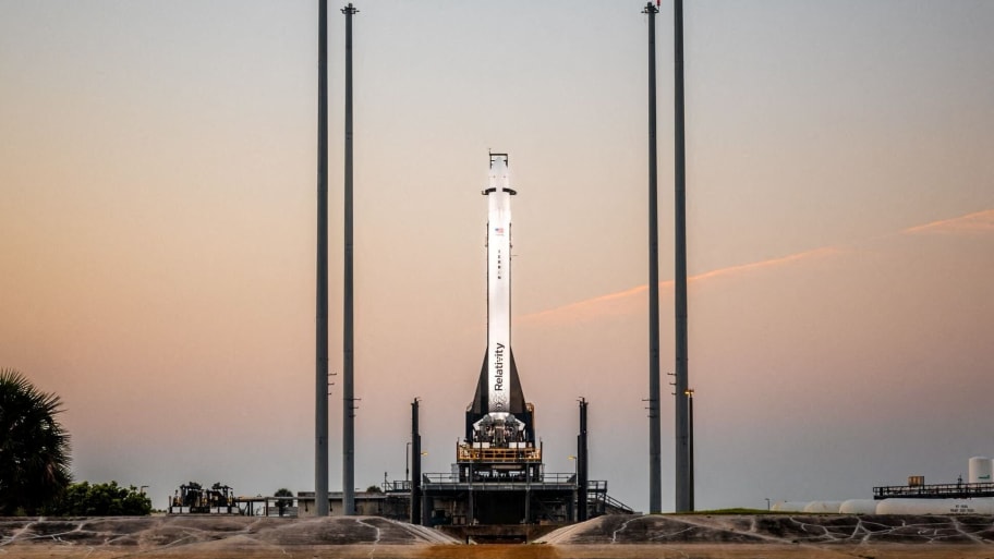 Relativity Space's 3D-printed rocket Terran 1 sits on the launch pad in this handout photograph released ahead of its scheduled launch in Cape Canaveral, Florida, March 8, 2023.