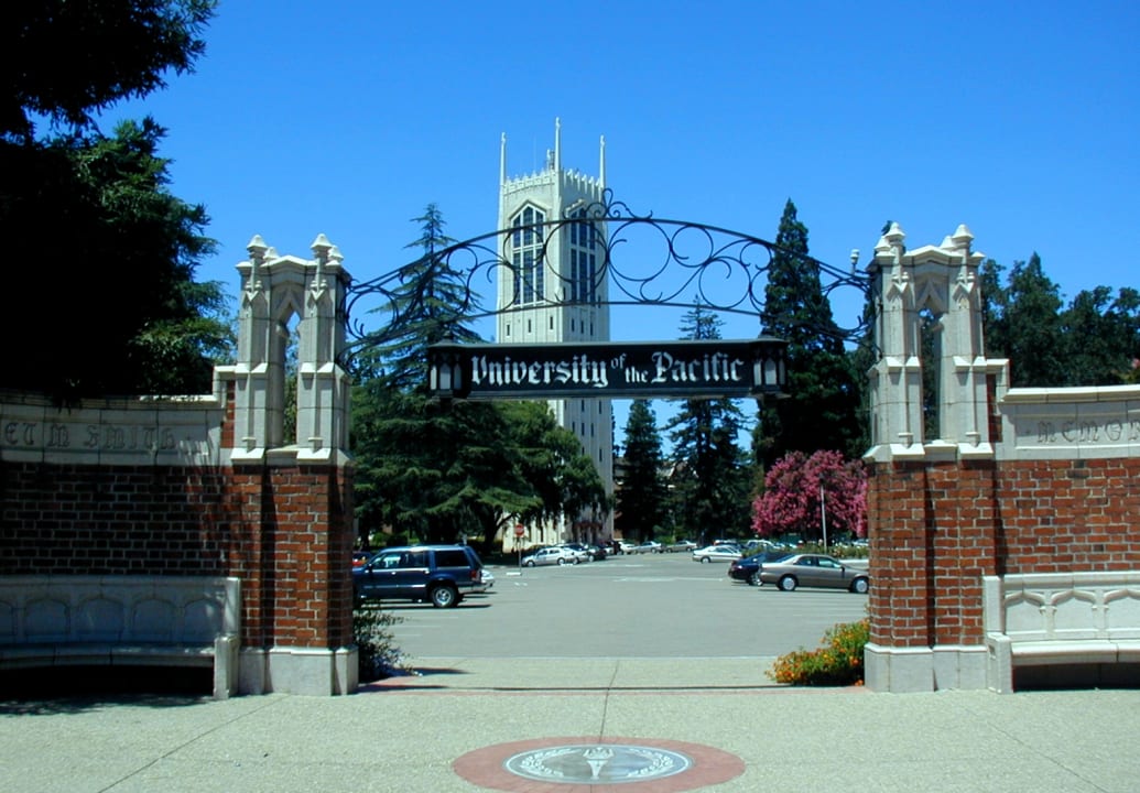 An entrance gate at University of the Pacific’s campus in Stockton, California.