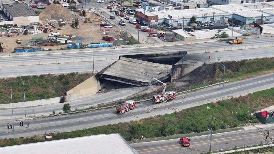 A view of the aftermath of the collapse of a part of I-95 highway after a fuel tanker exploded beneath it, in Philadelphia