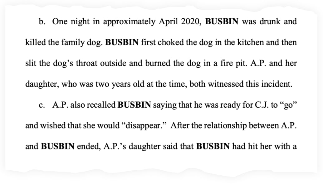 A snippet from the complaint against Cassidy Busbin in which his alleged killing of his family dog is described.