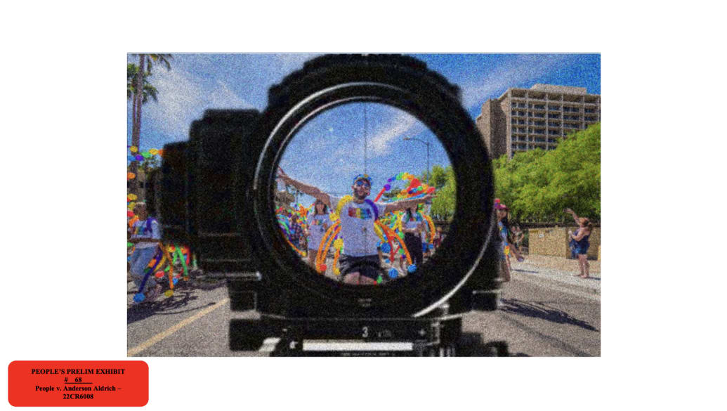 Rifle scope superimposed over gay pride parade attendee