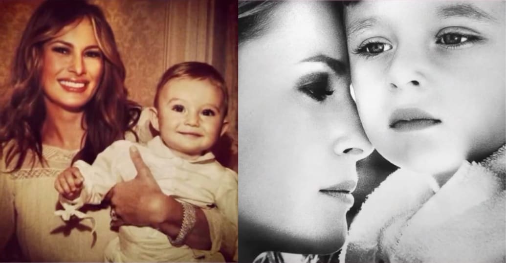 A smiling Melania Trump holds her baby-aged son, Barron, in an undated photo and nuzzles her nose against his cheek in a second photo.