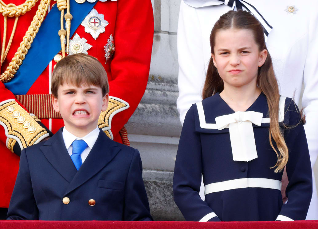 Prince Louis of Wales and Princess Charlotte of Wales watch an RAF flypast from the balcony of Buckingham Palace after attending Trooping the Colour on June 15, 2024 in London, England.
