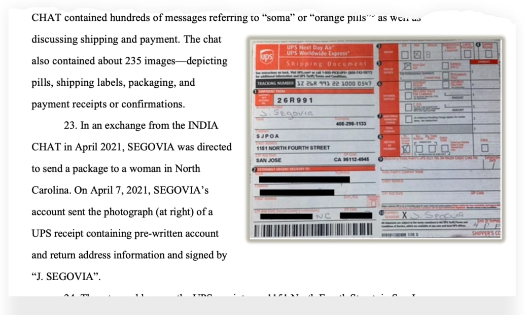 A UPS shipping label signed by Segovia and found by federal agents among Segovia’s WhatsApp messages