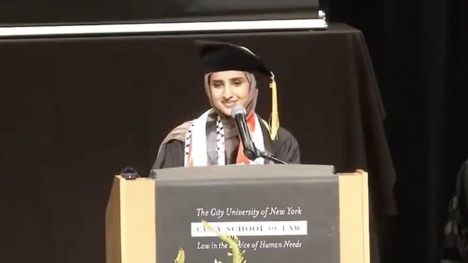 Fatima Mousa Mohammed delivering her speech at the CUNY law school graduation.