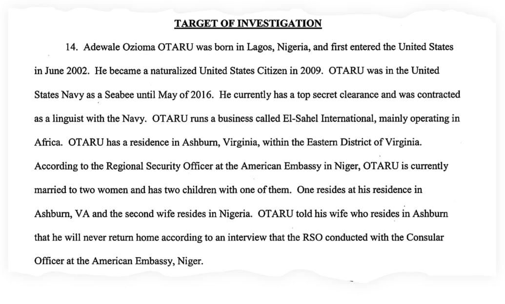 A snippet of the search warrant affidavit, which identifies Otaru as the target of a U.S. government investigation.