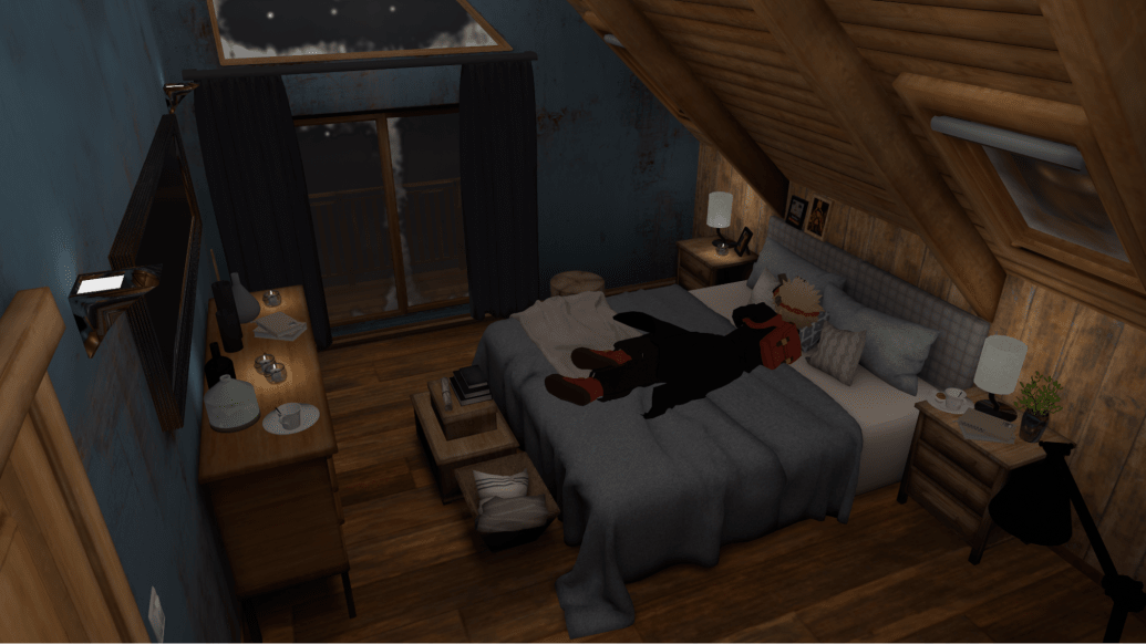A VRChat user falls asleep on a bed in a digital world. 