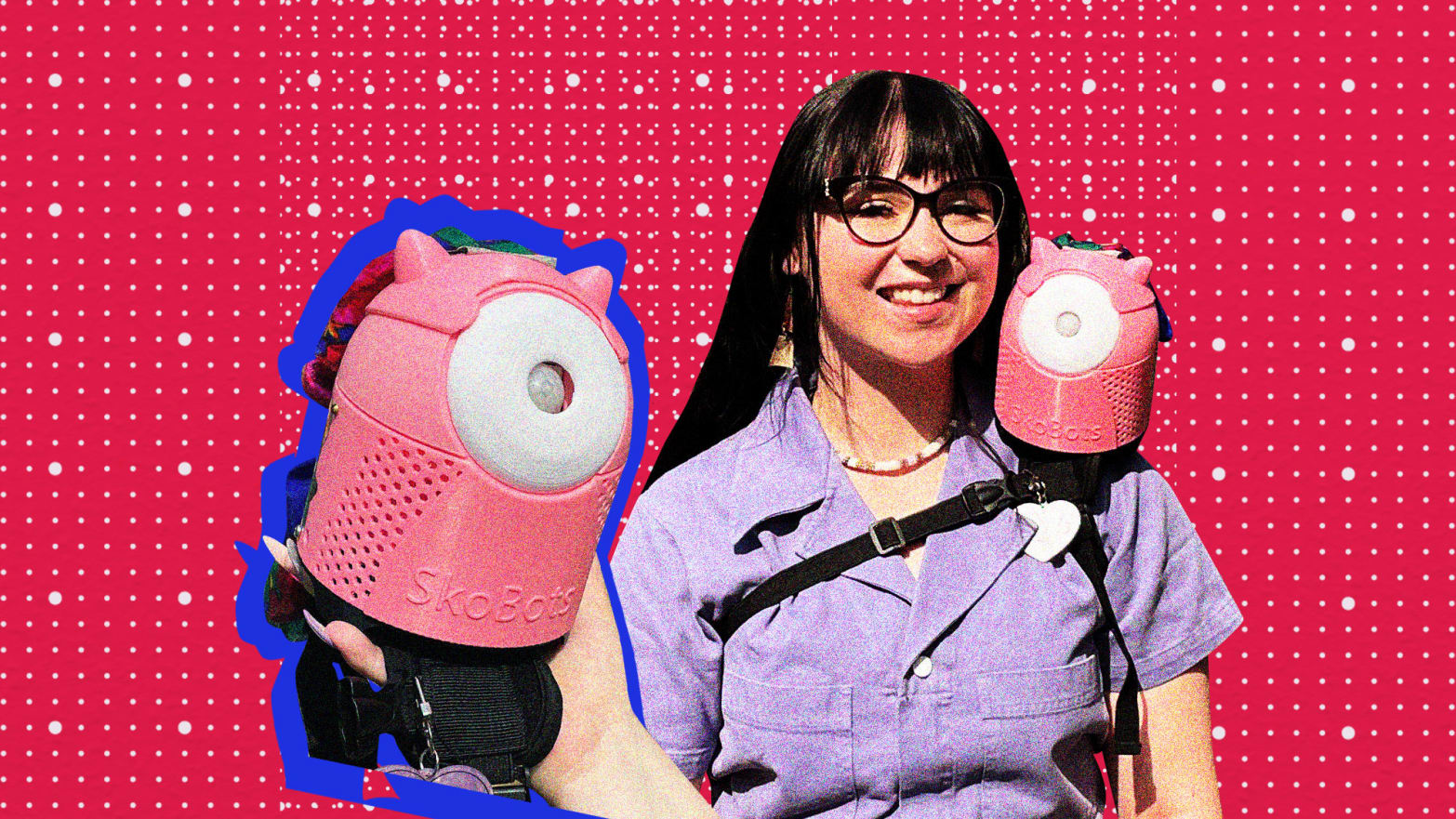 SkoBot inventor Danielle Boyer wears one of her customizable language-teaching devices strapped to her shoulder. 