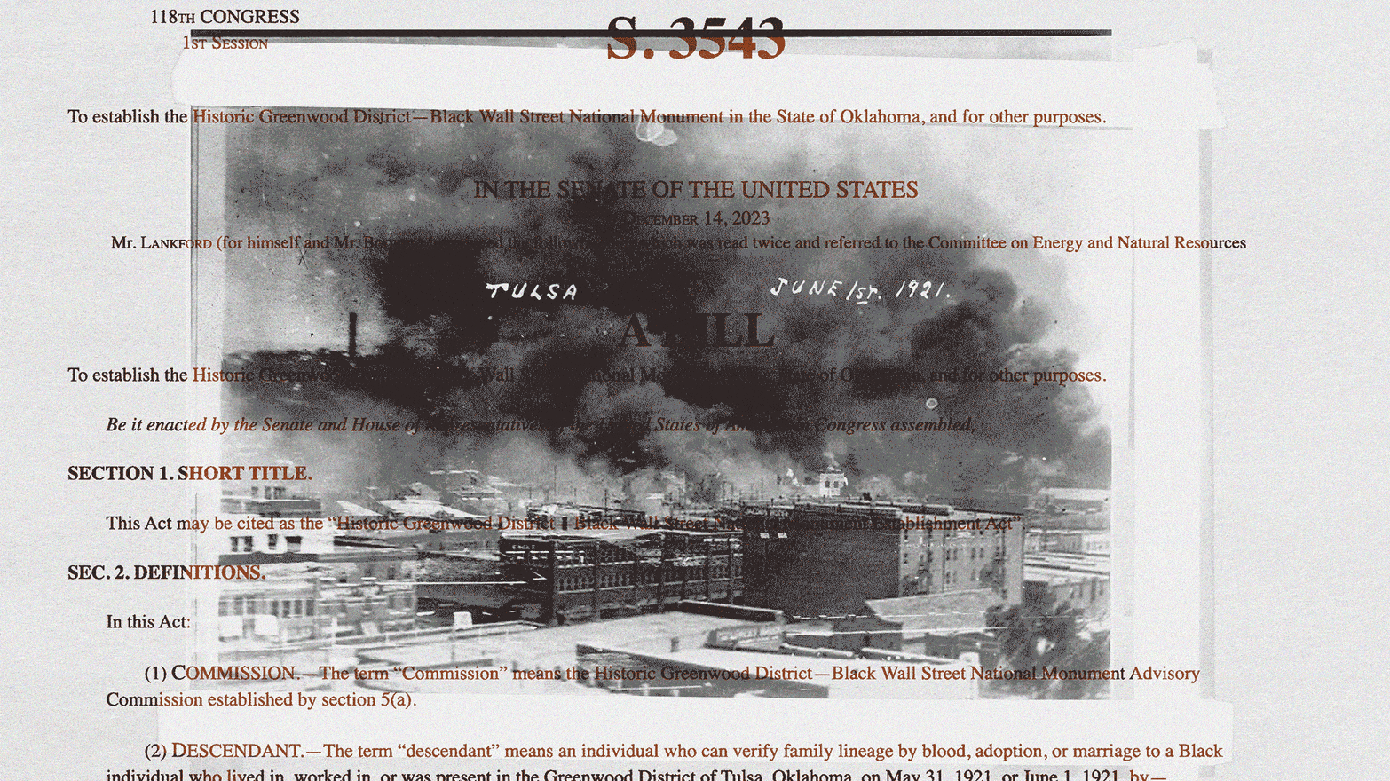A photo illustration showing images of the Tulsa Race Massacre in 1921 and the current bill to make the Tulsa Race Massacre site a National Monument.