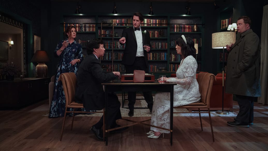 An image of Elizabeth Perkins, Ken Jeong, Zach Woods, Poppy Liu and Paul Walter Hauser in "The Afterparty," on Apple TV+.
