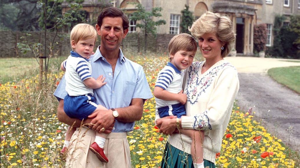 Prince Charles, Princess Diana with Prince William and Prince Harry in The Wild Flower Meadow at Highgrove.